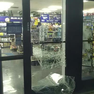 Storefront door glass shattered.